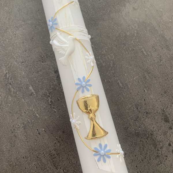 Edle Kommunionskerze Kommunionkerze Taufkerze mit Kelch 40x4 cm weiß silber personalisiert